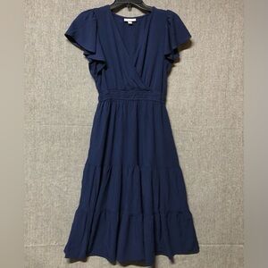 Knox Rose Navy Blue Tiered Midi Dress Sz Medium Ruffle Flutter Sleeves N-Neck